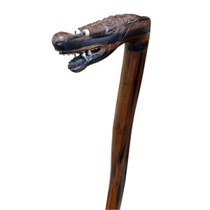 Carved Dragon Walking Cane Sturdy Handcrafted Wooden Walking Stick with Wave